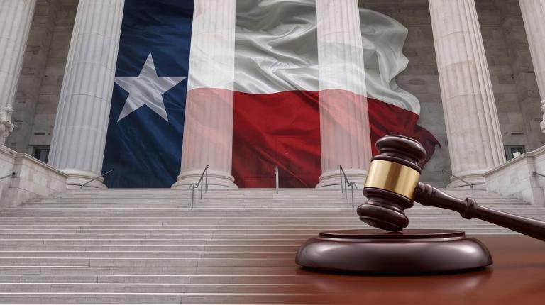 Texas Attorney General’s office building in Austin with the Texas flag, representing the lawsuit against the East Plano Islamic Center.
