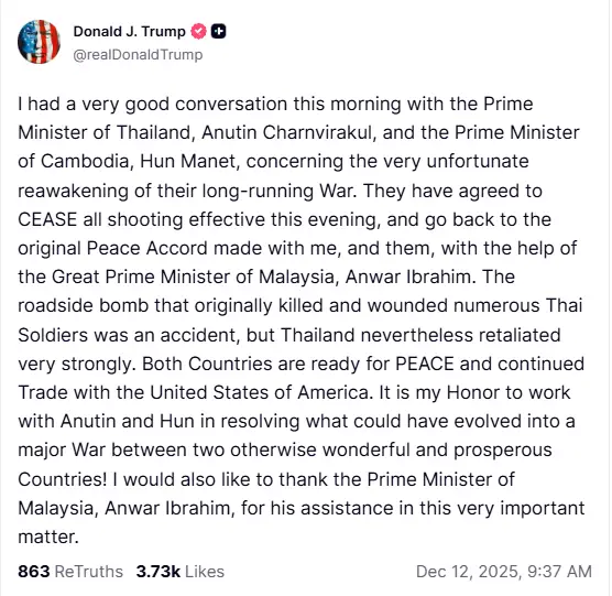 President Trump Truth Social post announcing ceasefire agreement between Thailand and Cambodia after border fighting