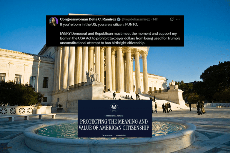 Supreme Court building with overlay of Delia Ramirez birthright citizenship post and Trump executive order graphic