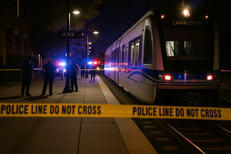 Police secure Charlotte light rail platform after stabbing by previously deported illegal immigrant