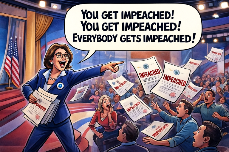 A political cartoon parody of the Oprah “You get a car” moment, showing a Democrat politician on a stage enthusiastically handing out impeachment papers while shouting “You get impeached!” as a shocked audience reacts.