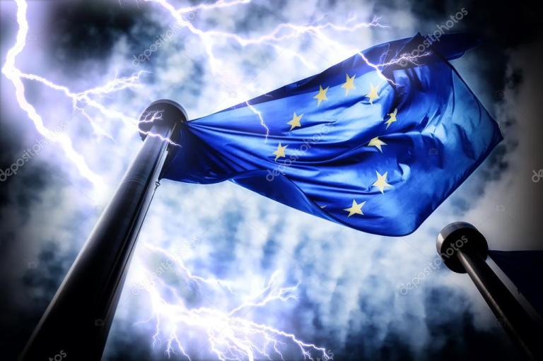 European Union flag and Elon Musk imagery symbolizing EU proposals to expropriate X and place it under government control in the name of free speech regulation.