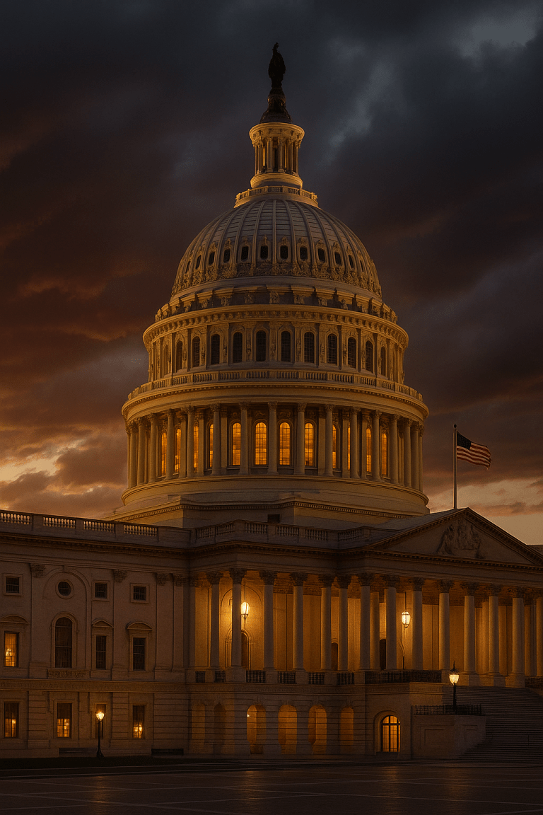 United States Capitol building at sunset with dramatic sky symbolizing federal impeachment authority