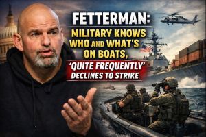 Senator John Fetterman speaking as U.S. Navy ships patrol open waters amid debate over military strike decisions.