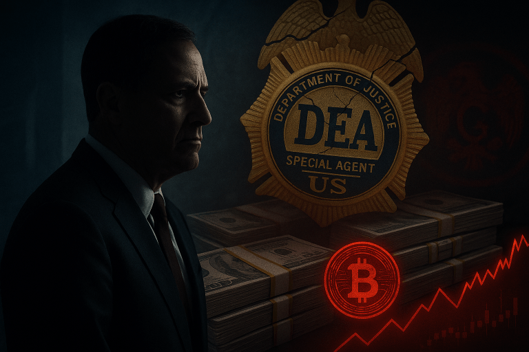 Former Obama era DEA official accused of laundering money for a Mexican drug cartel with imagery of a cracked DEA badge, cash, and crypto elements.