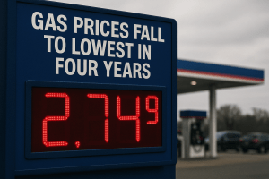 Gas station price sign displaying 2.74 per gallon with headline gas prices fall to lowest in four years during national price drop.