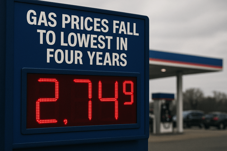 Gas station price sign displaying 2.74 per gallon with headline gas prices fall to lowest in four years during national price drop.
