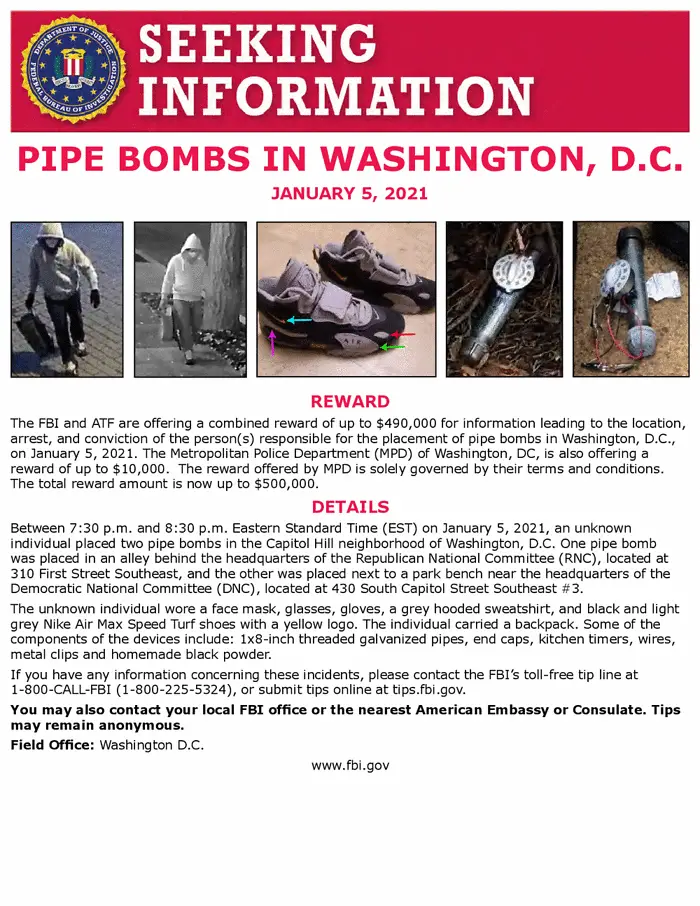 FBI seeking information poster for January 5 2021 Washington DC pipe bomb suspect