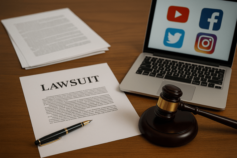 Legal documents and gavel symbolizing lawsuits involving online creator Jeremy B. Hales.