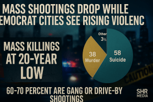 Pie chart showing U.S. gun deaths in 2023 with 58 percent suicide and 38 percent murder, alongside headline text about mass killings dropping and gang or drive-by shootings rising in Democrat-run cities.