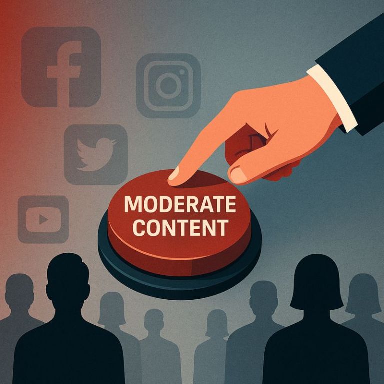 Illustration of a hand pressing a large “Moderate Content” button with blurred social media icons and silhouetted figures in the background, symbolizing censorship, speech control, and elite moderation of online platforms.