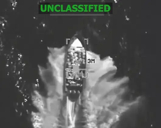 Unclassified video still of U.S. military strike on narco terror boat Dec. 4 2025