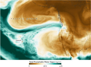 NASA satellite image showing atmospheric river carrying Pacific moisture into Washington state