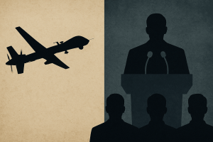 Silhouette of a military drone contrasted with a political podium and audience, symbolizing selective outrage over follow up strike tactics.