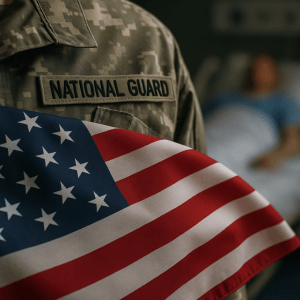 National Guard uniform with an American flag draped across the chest while a wounded Guardsman lies blurred in a hospital bed in the background.