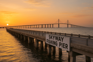 Sunrise over the Skyway Fishing Pier with the Sunshine Skyway Bridge in the background, showing the memorial structure and calm waters of Tampa Bay.