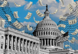 “US Capitol building with money falling through a net, symbolizing federal control over SNAP funding and data demands to Democrat led states.”
