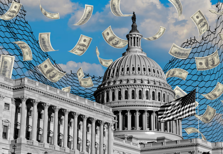 “US Capitol building with money falling through a net, symbolizing federal control over SNAP funding and data demands to Democrat led states.”