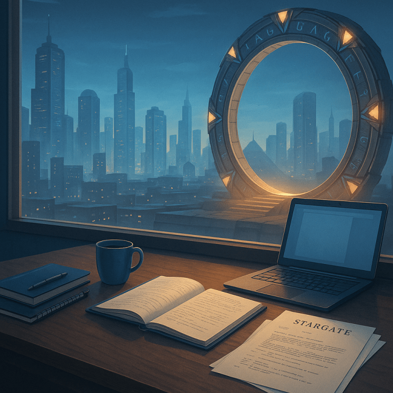 Stargate writers room concept art in Los Angeles with glowing ring in background and script materials on a desk.