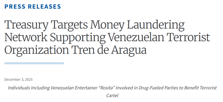 Treasury Targets Money Laundering Network Supporting Tren de Aragua