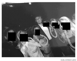 Donald Trump posing with adult women at a Mar a Lago social event in a photo later released by House Oversight with faces redacted despite earlier public circulation