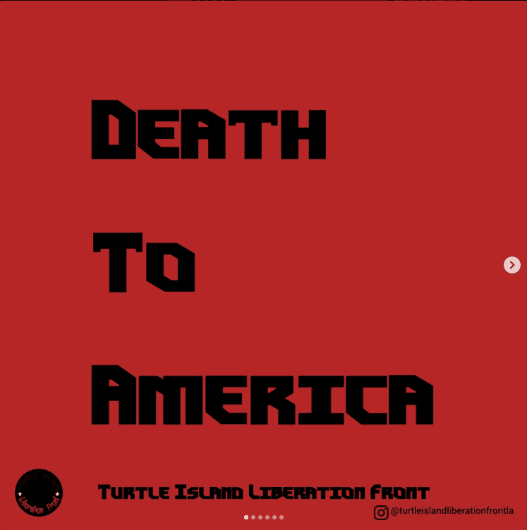 Social media graphic attributed to the Turtle Island Liberation Front featuring an explicit anti-American slogan on a red background