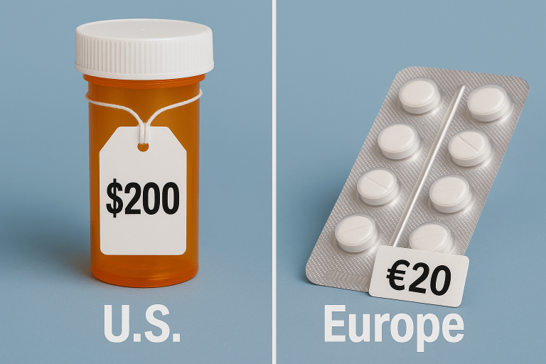 Comparison showing a U.S. prescription bottle priced at 200 dollars next to a European blister pack priced at 20 euros to illustrate the healthcare cost gap.