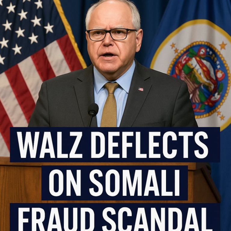 Minnesota Governor Tim Walz speaks at a press conference, standing at a podium with U.S. and Minnesota flags behind him, with headline text reading Walz deflects on Somali fraud scandal.