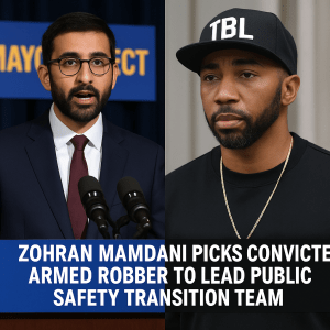 Zohran Mamdani and Mysonne Linen shown side by side in a split image highlighting the controversy over appointing a convicted armed robber to lead New York City’s public safety transition team.