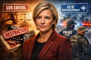 Arizona Attorney General Kris Mayes shown between imagery representing gun control policies and federal immigration enforcement.