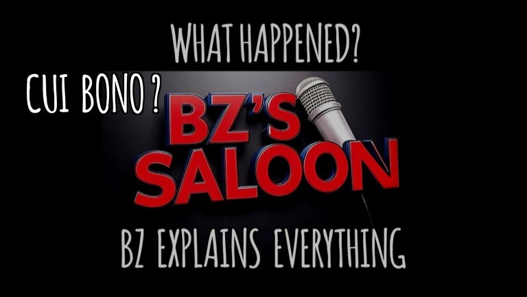 BZ’s Saloon graphic reading “What happened? Cui bono?” with a microphone and “BZ explains everything” for the January 6, 2026 show at 8 PM Pacific