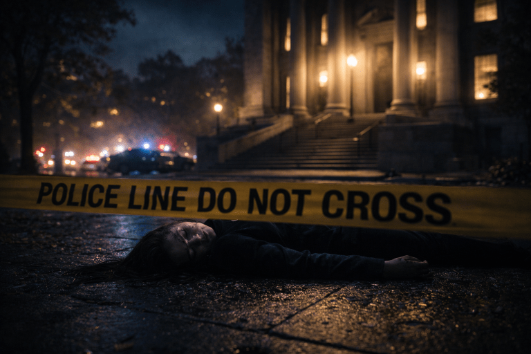 Woman lying injured behind police tape outside a courthouse at night, symbolizing the consequences of bail reform failures