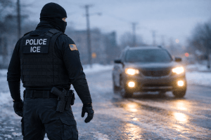 Masked ICE agent wearing a tactical vest stands on an icy street facing an approaching vehicle during a tense law enforcement encounter.