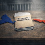 New York and Florida state outlines separated by legal documents symbolizing interstate prosecution and gun law overreach.