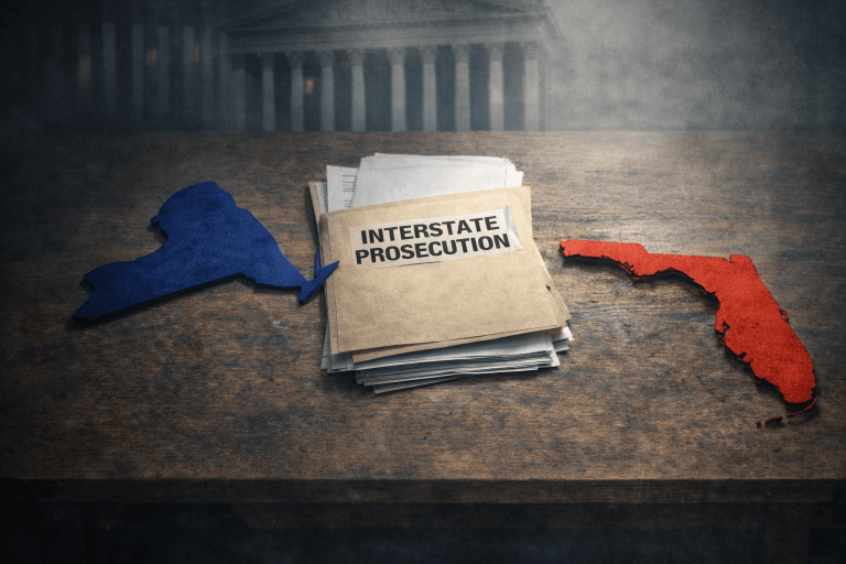 New York and Florida state outlines separated by legal documents symbolizing interstate prosecution and gun law overreach.