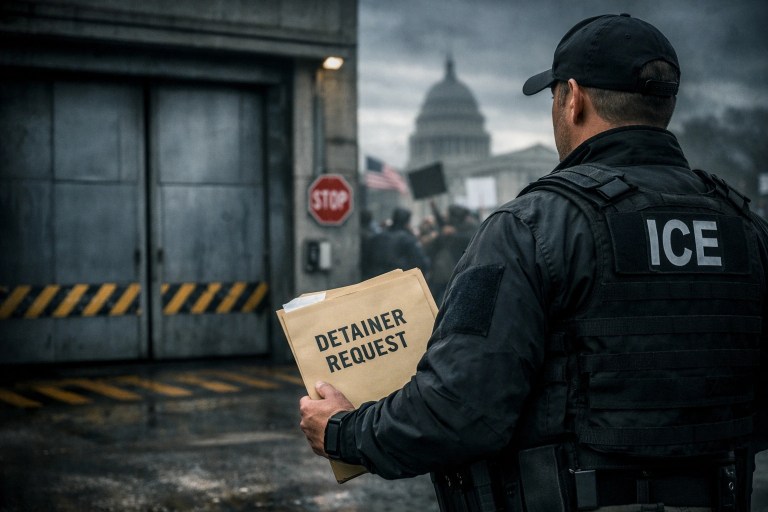 ICE agent stands outside a closed jail facility holding a detainer request as protest activity blurs in the background.
