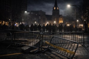 Abandoned police barricades and crowd-control fencing outside a Minneapolis church at night during unrest