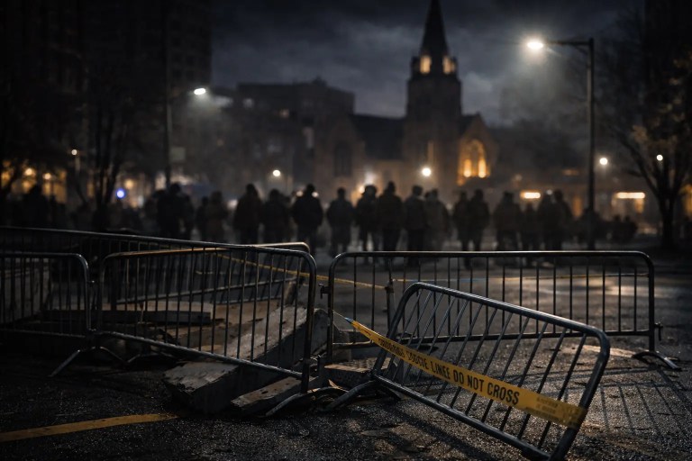 Abandoned police barricades and crowd-control fencing outside a Minneapolis church at night during unrest