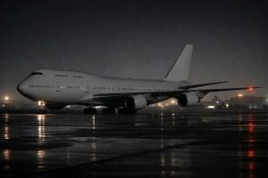 Unmarked Boeing 747-8 aircraft like the New Air Force One parked on a dark military runway under overcast skies.