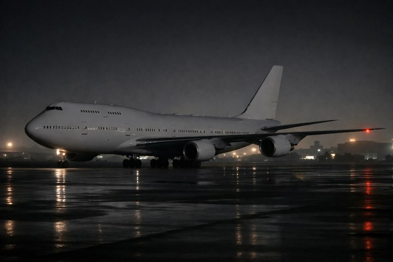Unmarked Boeing 747-8 aircraft like the New Air Force One parked on a dark military runway under overcast skies.