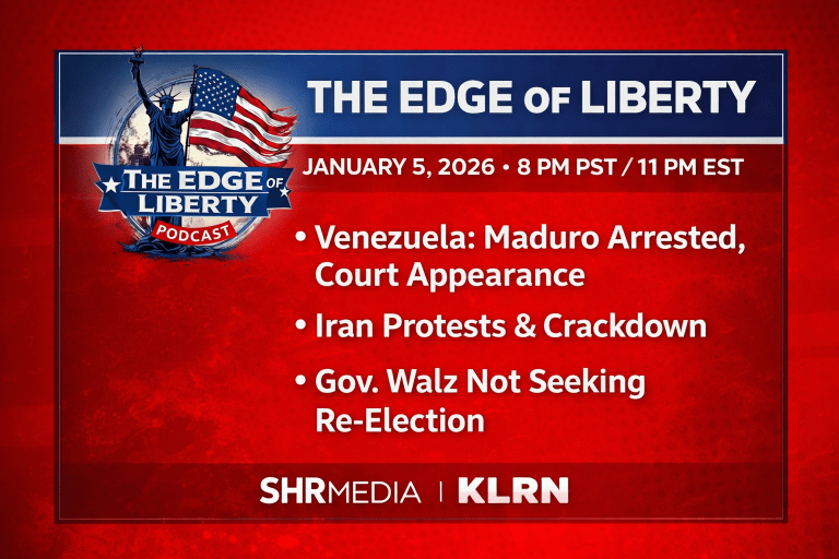 The Edge of Liberty live show graphic January 5 2026 with topics Venezuela Maduro arrested Iran protests crackdown and Walz not seeking reelection