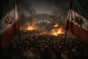 Night protest crowd in Iran with fires in the distance framed by the current Iranian flag and the pre 1979 lion and sun flag
