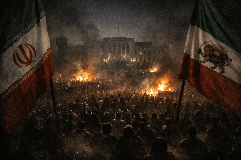 Night protest crowd in Iran with fires in the distance framed by the current Iranian flag and the pre 1979 lion and sun flag
