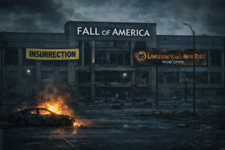 Dystopian mall parody labeled “Fall of America” with banners reading “Insurrection” and “Lawlessness and Mob Rule Now Open” and a burning car in the parking lot
