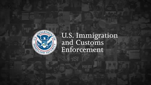 U.S. Immigration and Customs Enforcement ICE logo with DHS seal on a dark background