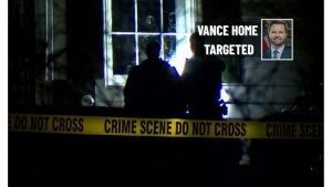 Crime scene tape and officers outside a home at night with headline Vance Home Targeted and a portrait of Vice President JD Vance