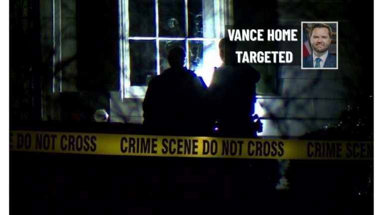 Crime scene tape and officers outside a home at night with headline Vance Home Targeted and a portrait of Vice President JD Vance