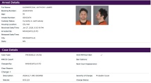 Screenshot of an “Arrest Details” page for KAZMIERCZAK, ANTHONY JAMES showing booking details, Minneapolis PD, and a listed charge of Assault-3rd Degree (609.223).