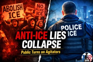 Anti-ICE protesters and ICE agent shown side by side with text reading “Anti-ICE Lies Collapse” and “Public Turns on Agitators”
