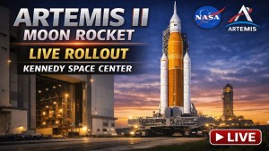 Live views of the Artemis II Moon rocket rollout at Kennedy Space Center in Florida.